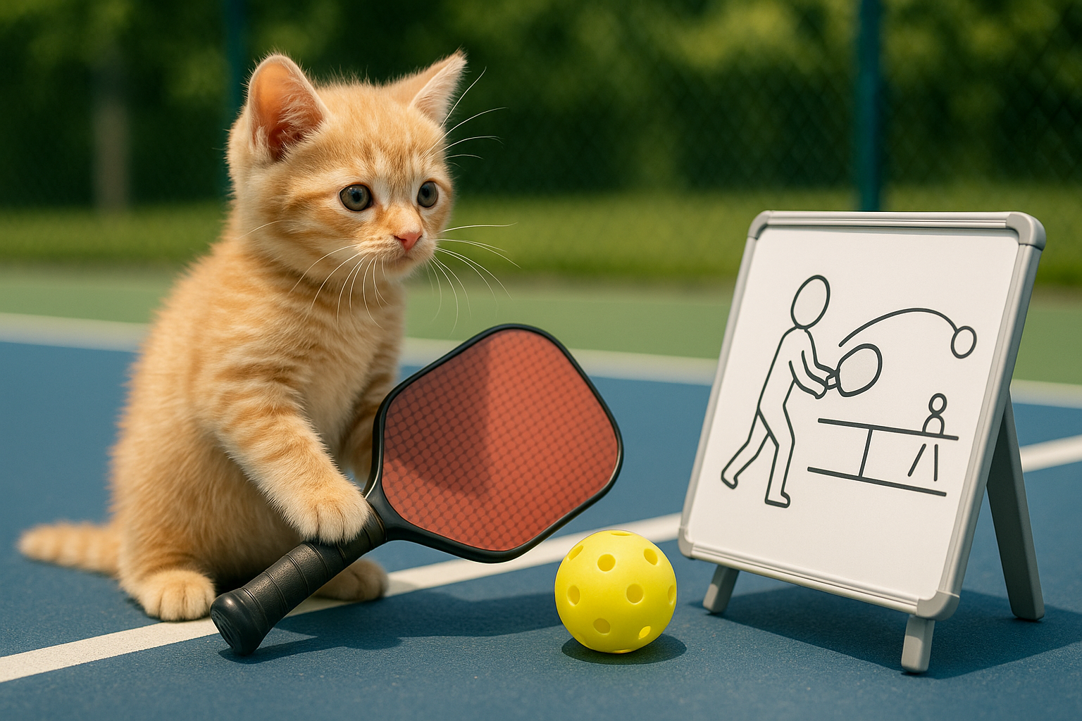 ピックルボールの勉強をしてる子猫