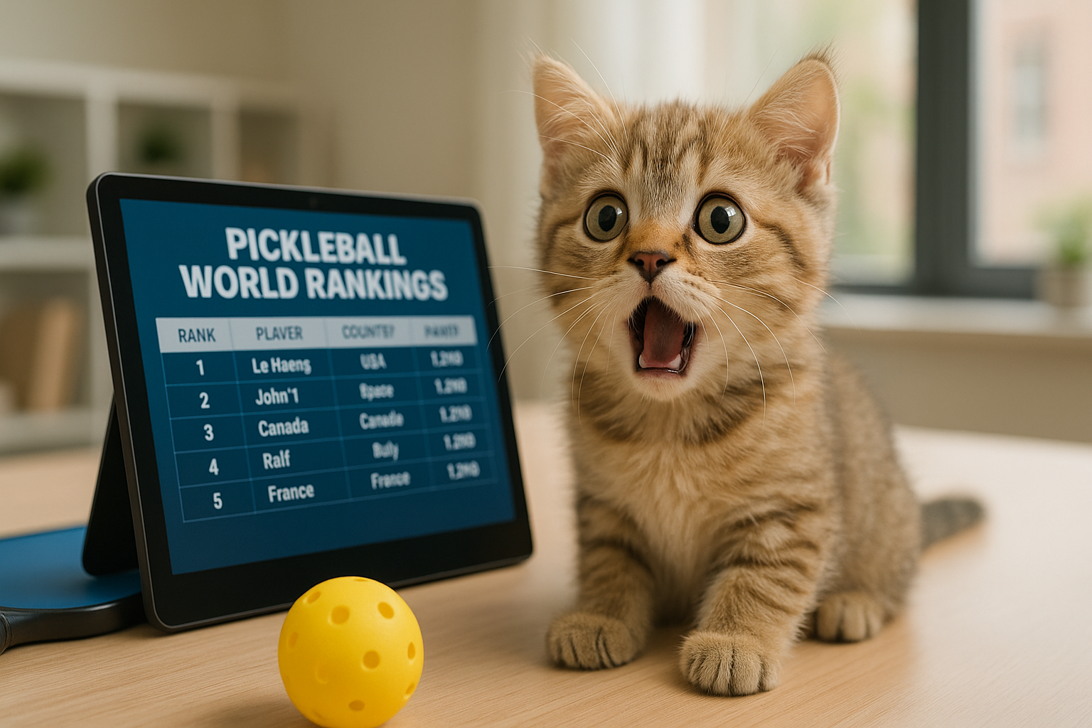 ピックルボールの世界ランキングをみてビックリしてる子猫