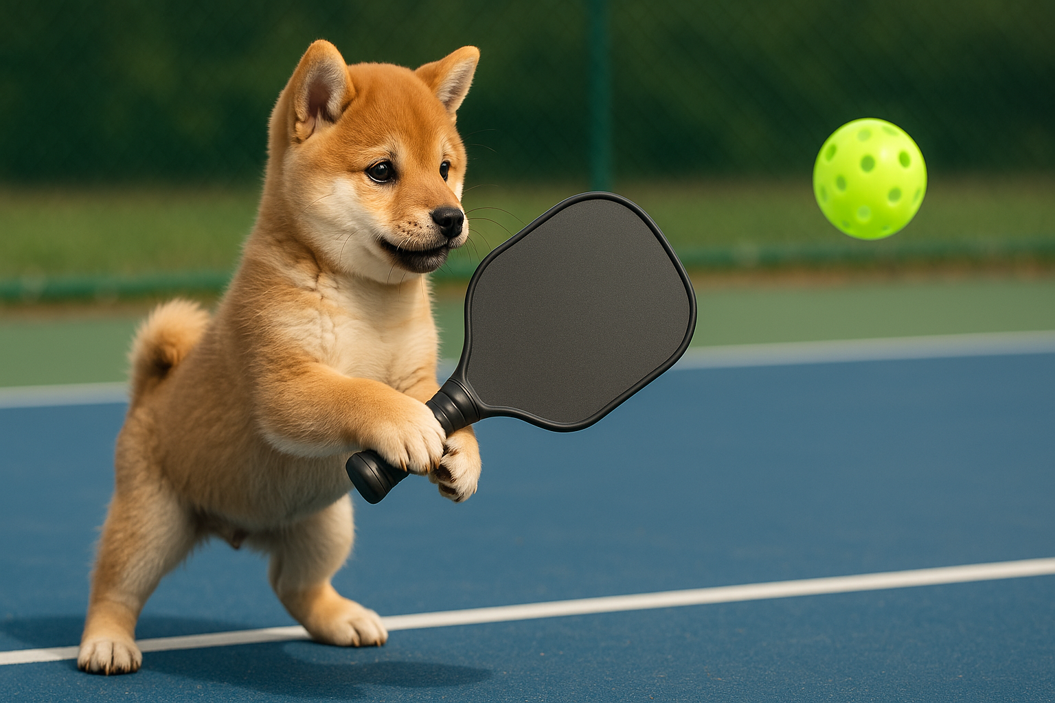 ピックルボールをしている柴犬