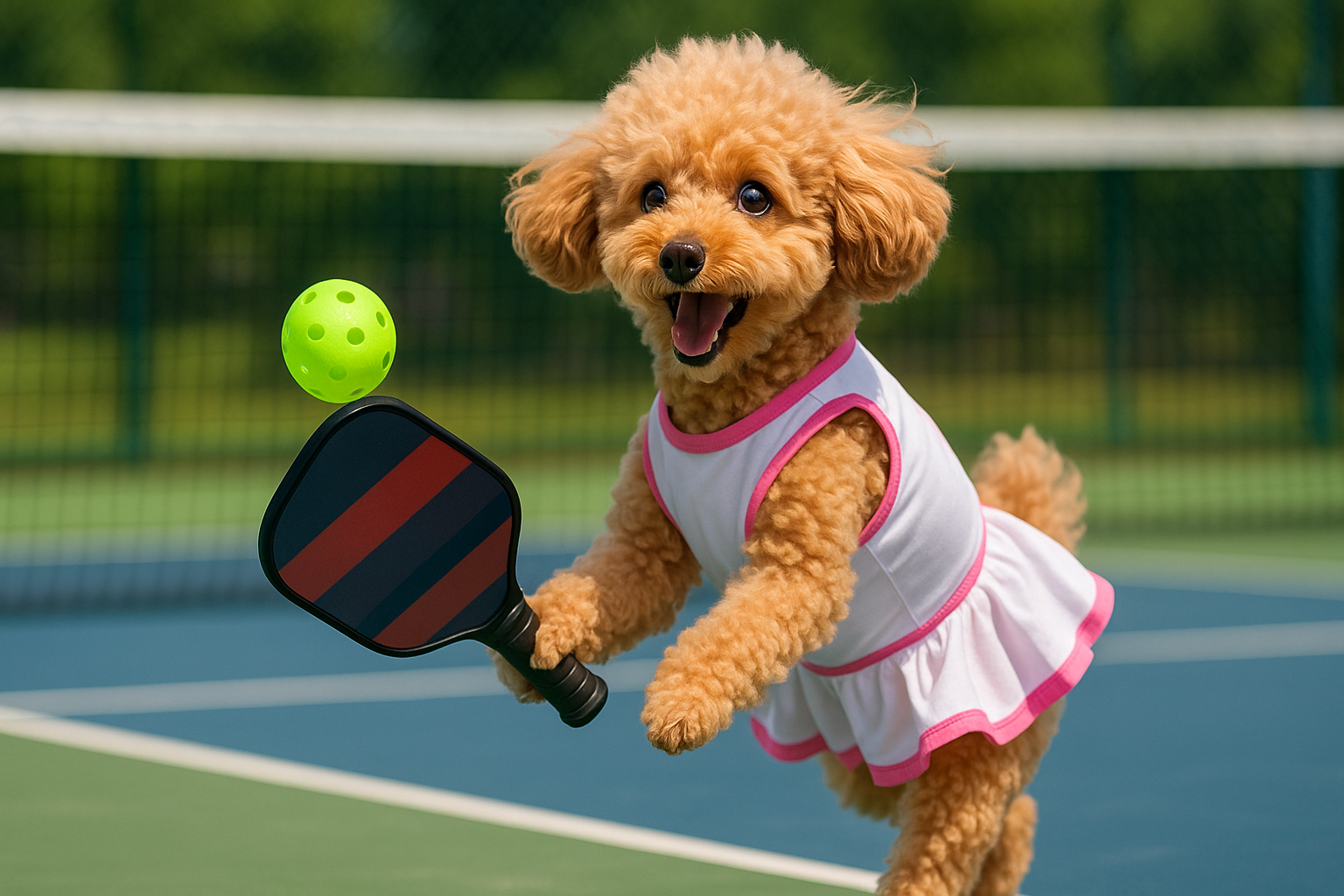 ピックルボールドレスをきてピックルボールをしてるトイプードル