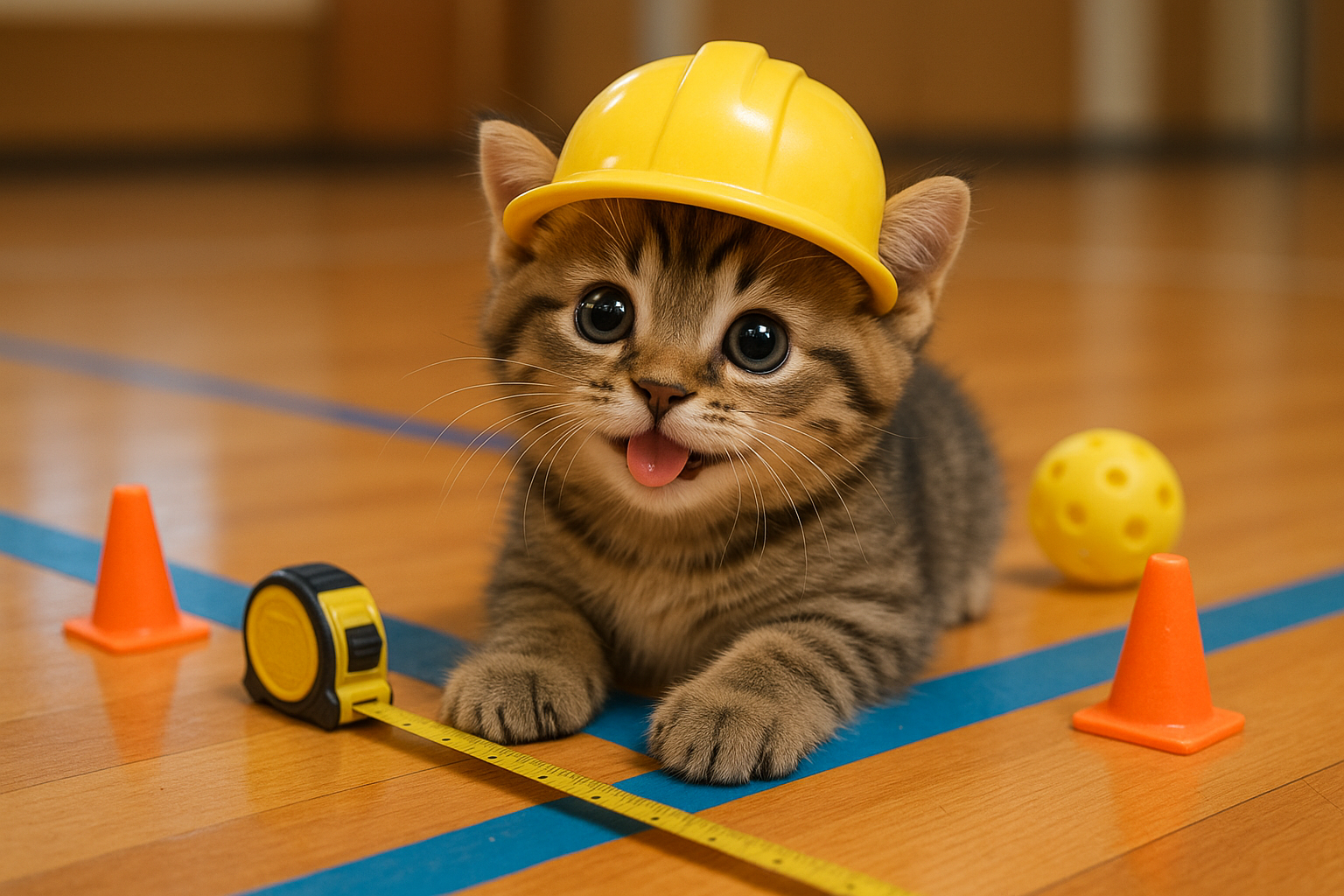体育館でピックルボールコートを作っている子猫