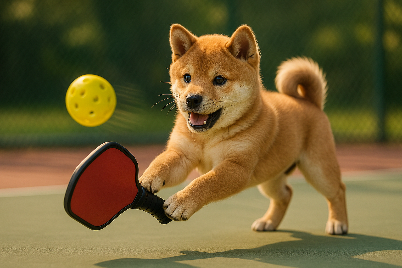 ピックルボールのバックハンドレシーブをする柴犬