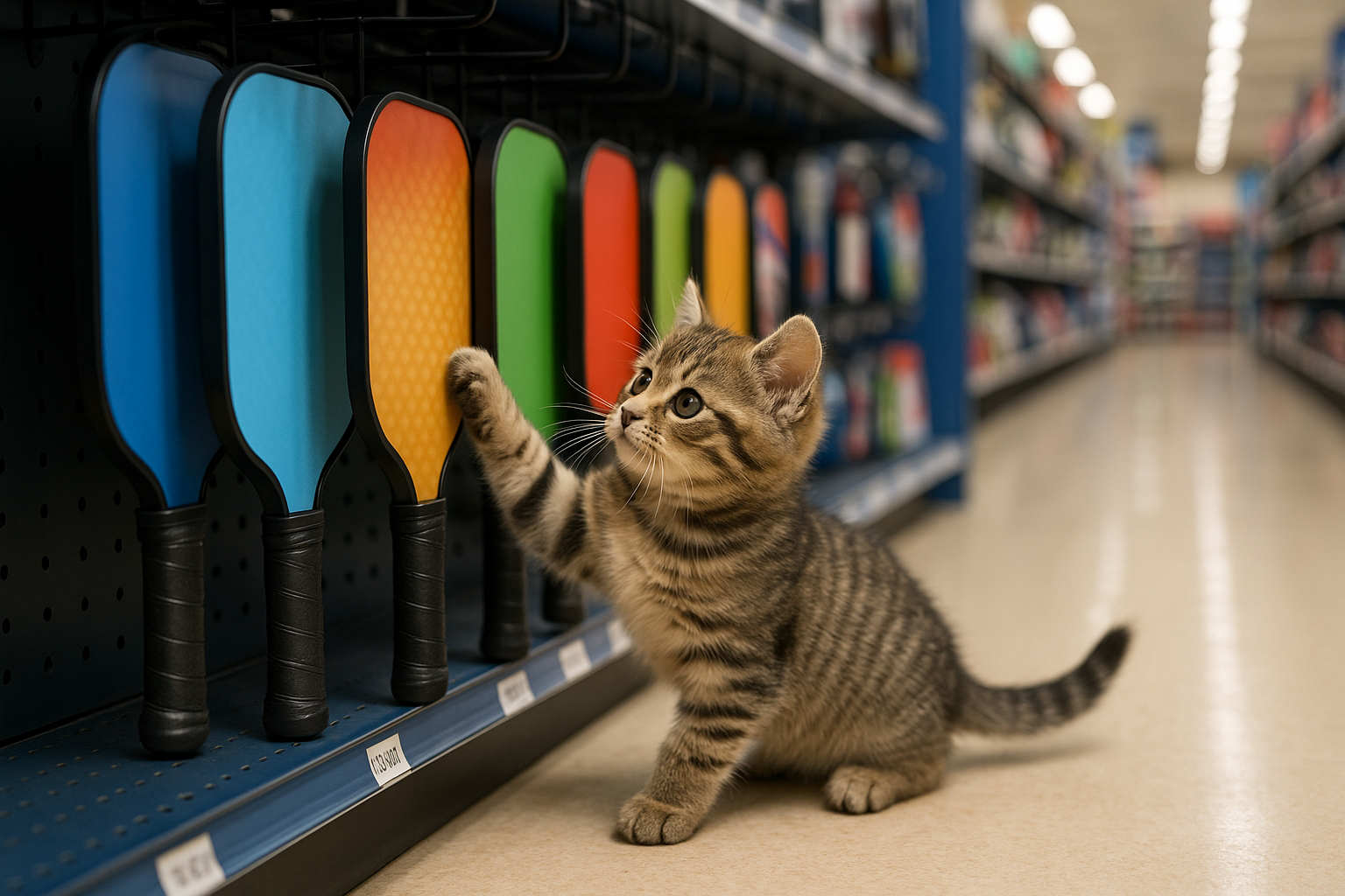 お店でピックルボールパドル(ラケット)を選んでいる可愛い子猫