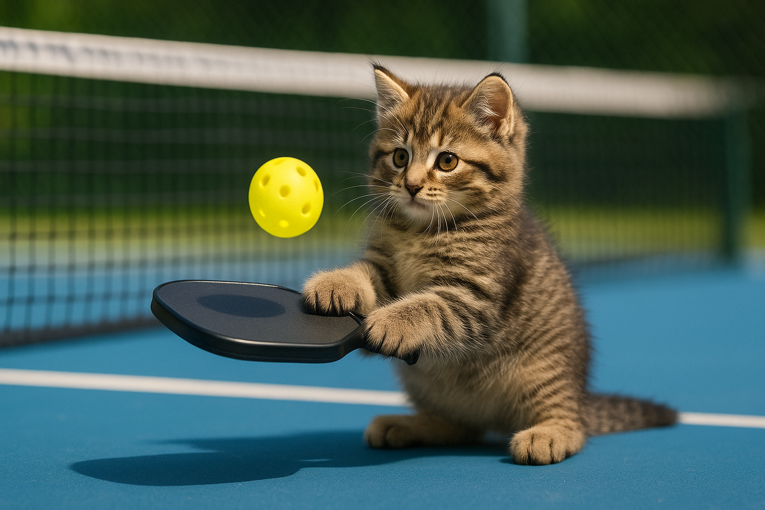 ピックルボールの「ディンクショット」を打つ子猫