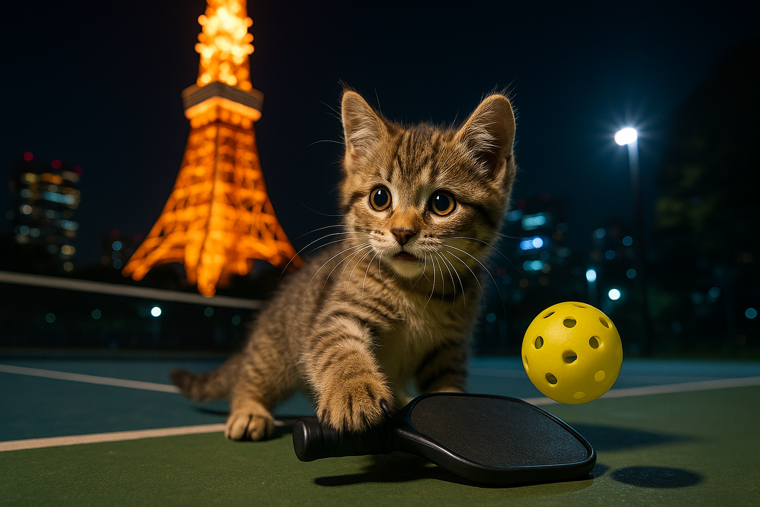 東京のピックルボールコートでピックルボールをする子猫