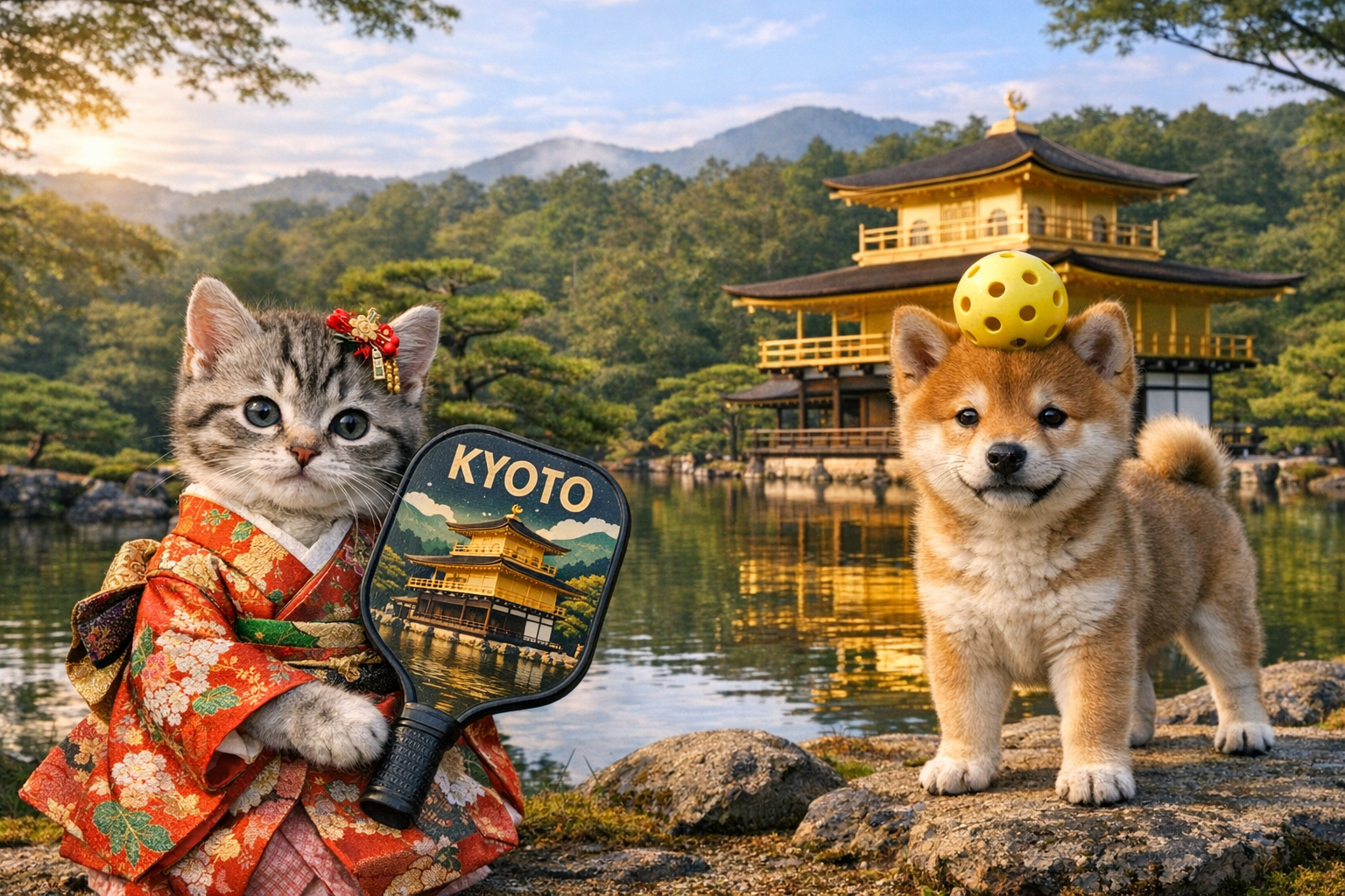 京都でピックルボールパドルを持つ子猫と、ピックルボールのボールが頭に乗ってる柴犬の子犬