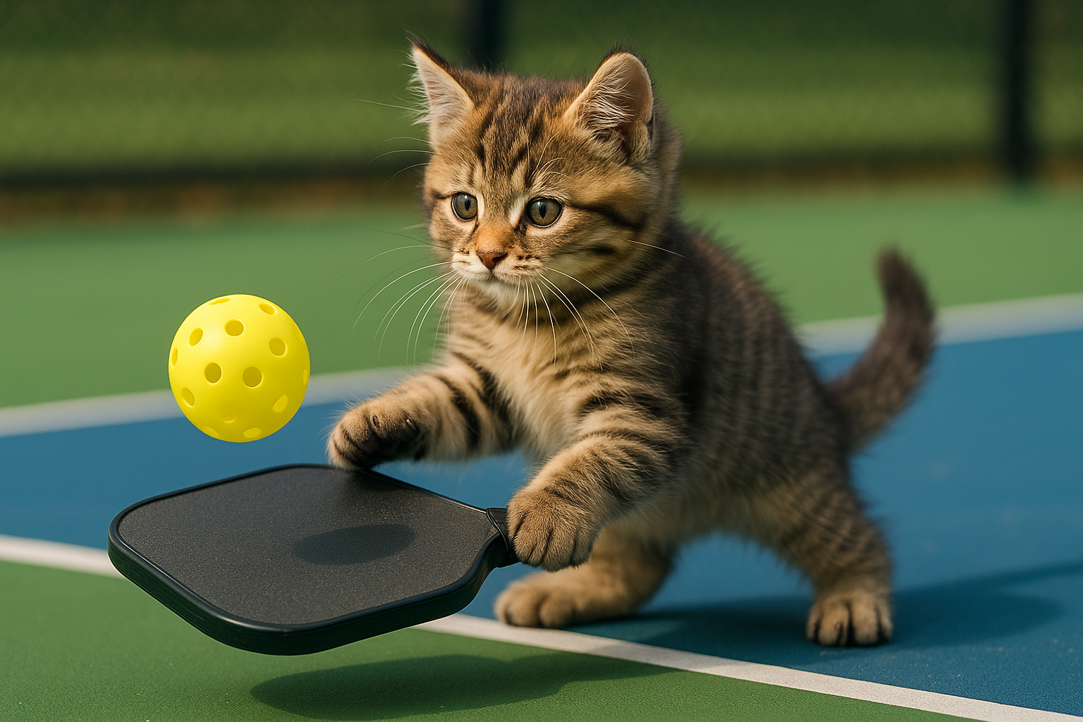 ピックルボールの「ドロップショット」を打つ子猫