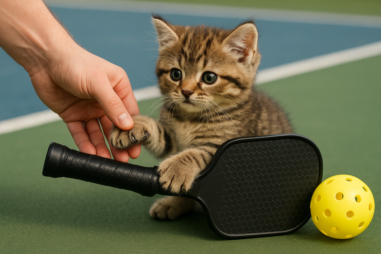 ピックルボールパドル(ラケット)のグリップの握り方を教えてもらっている可愛い子猫