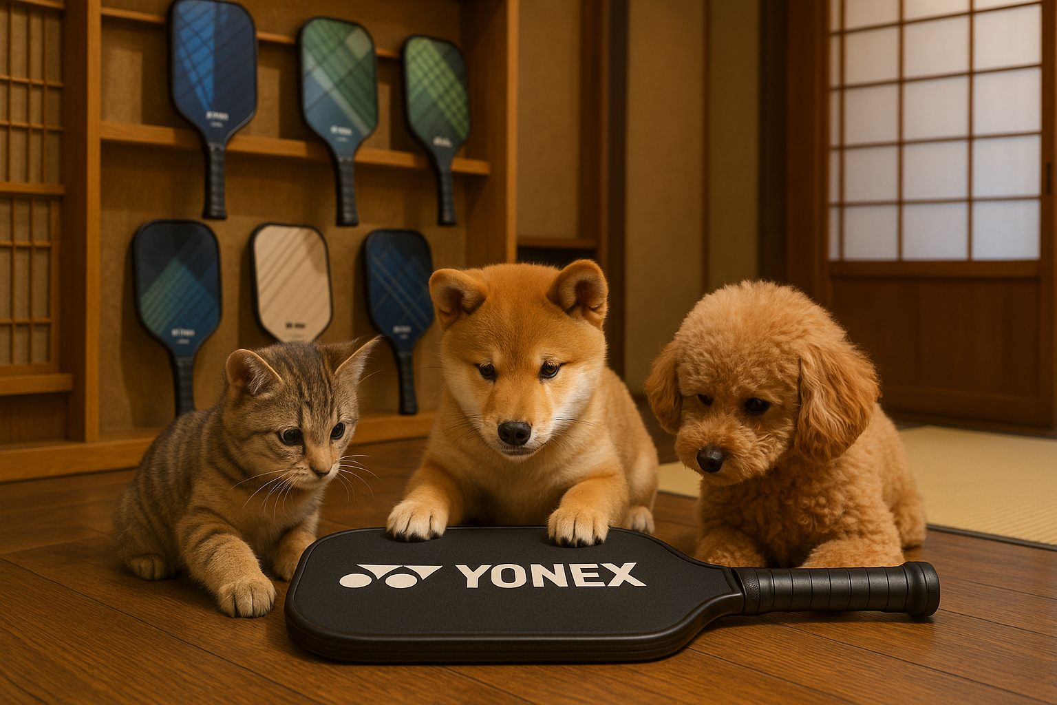 ヨネックスのピックルボールパドルに興味をもつ猫と犬