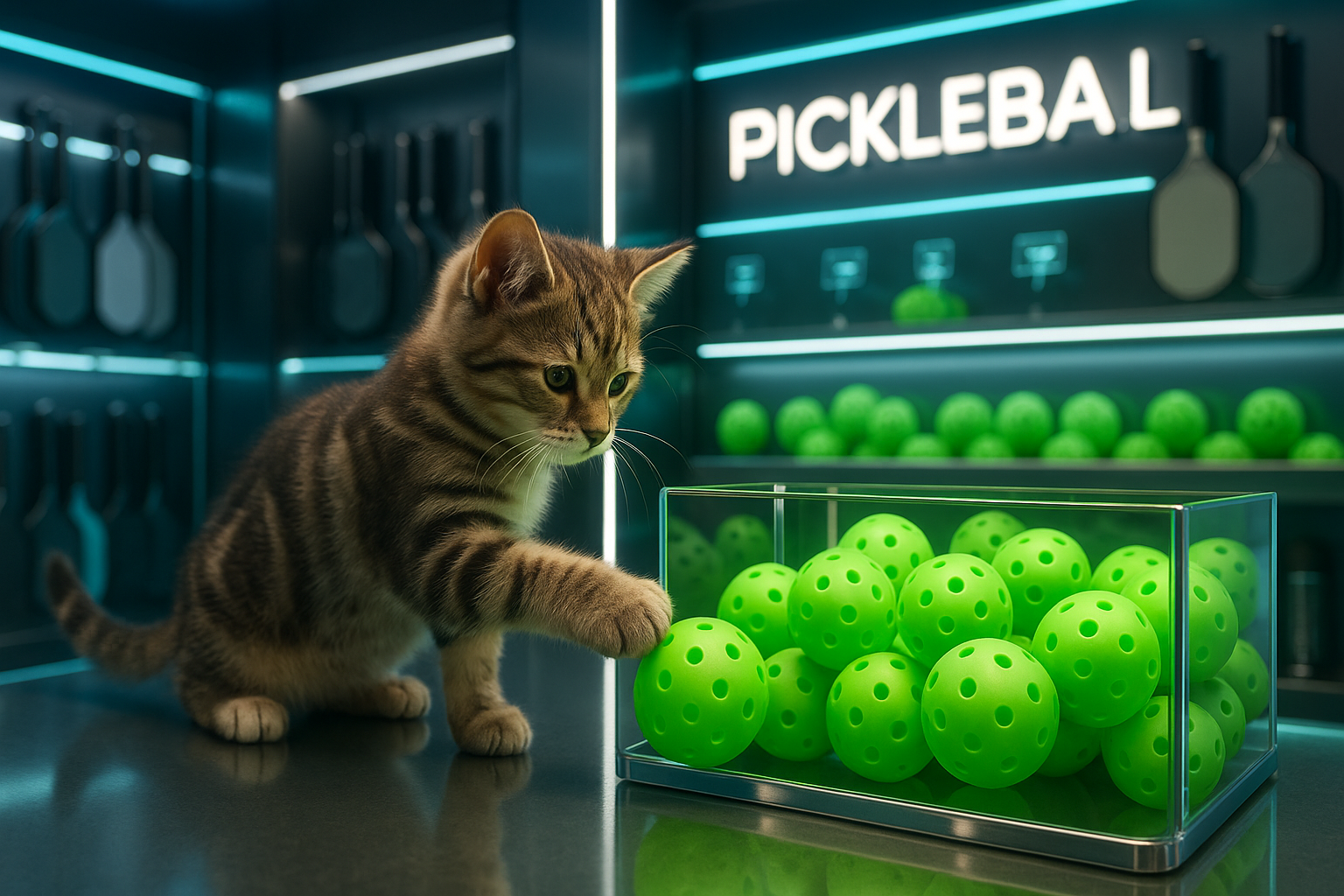 ピックルボールのボールを選ぶ子猫