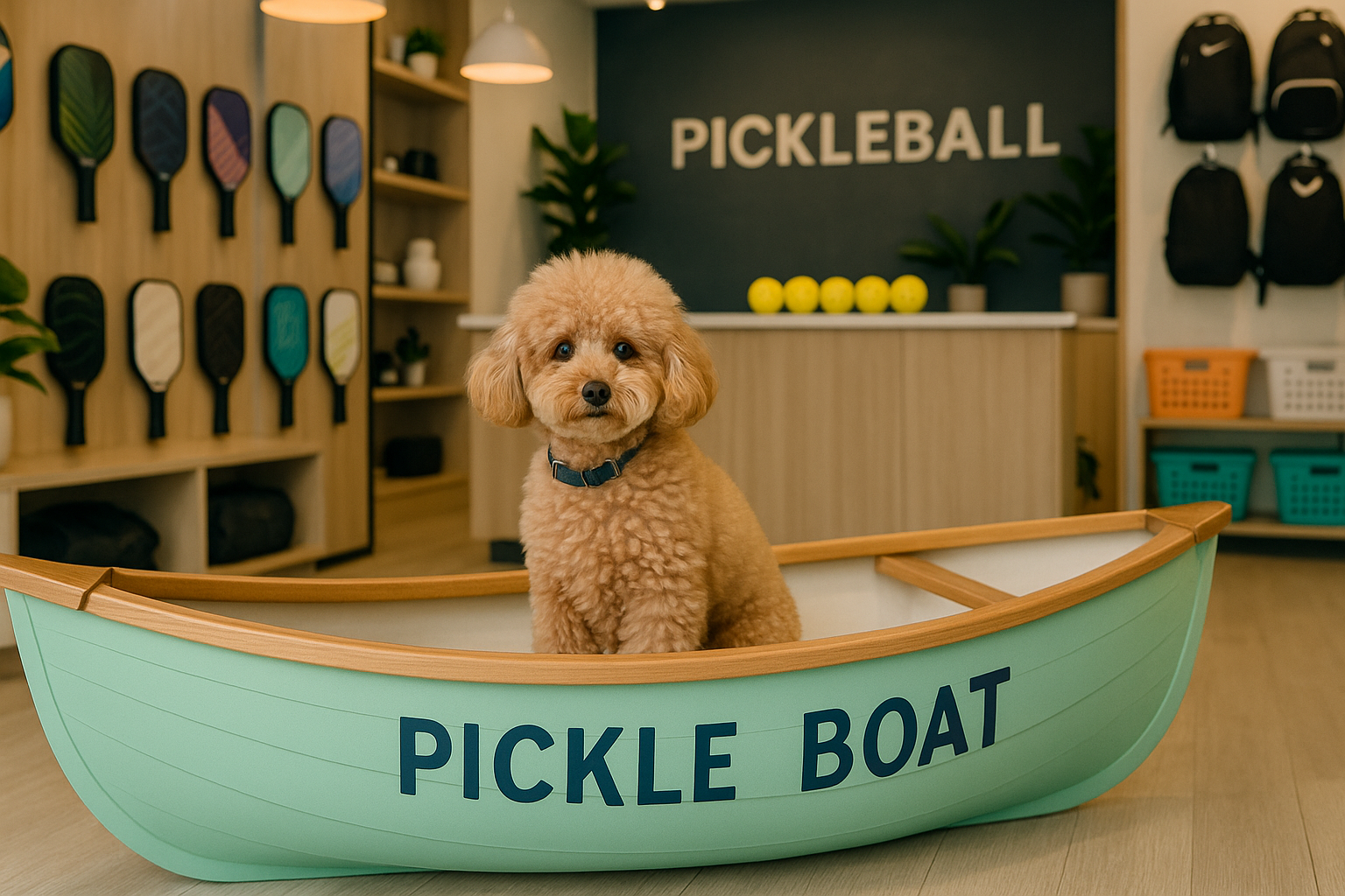 かなりおしゃれなピックルボール専門店で、pickle boatに乗っているトイプードル