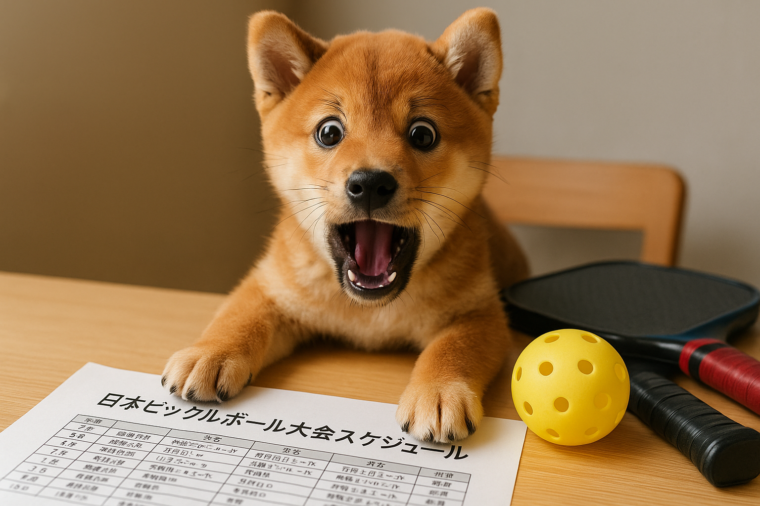 ピックルボールの大会スケジュールを確認する柴犬