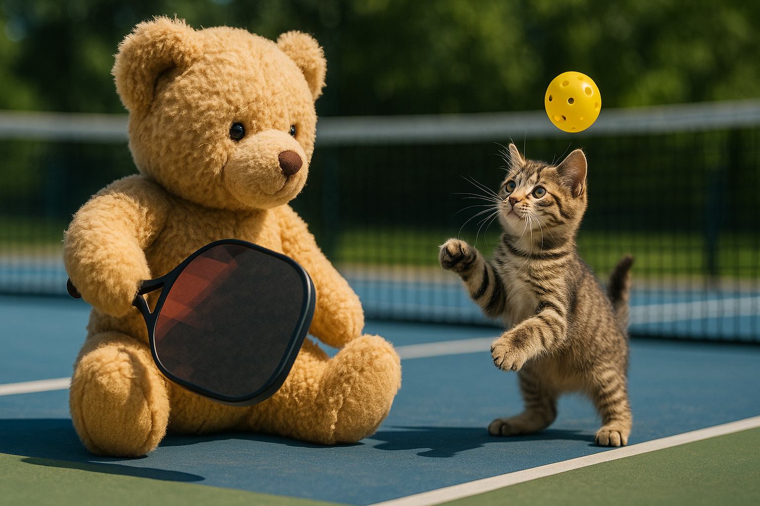 ピックルボールをするテディベアと子犬