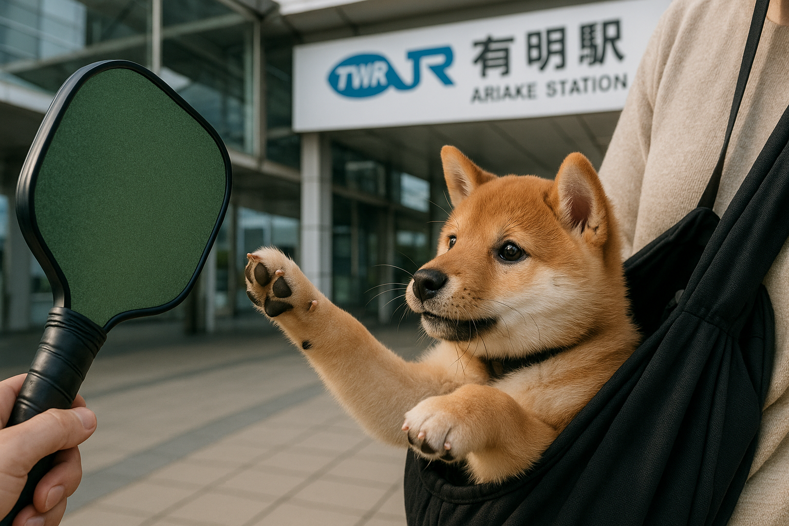 有明駅とピックルボールパドルと犬
