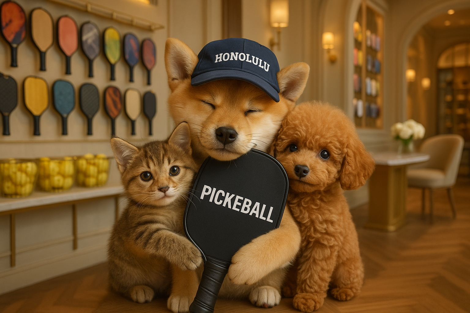 Honolulu Pickleball（ホノルル・ピックルボール）のピックルボールパドルと犬猫