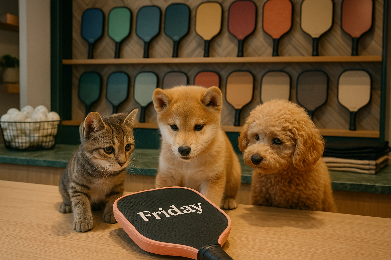 Fridayのピックルボールパドルに興味がある犬と猫