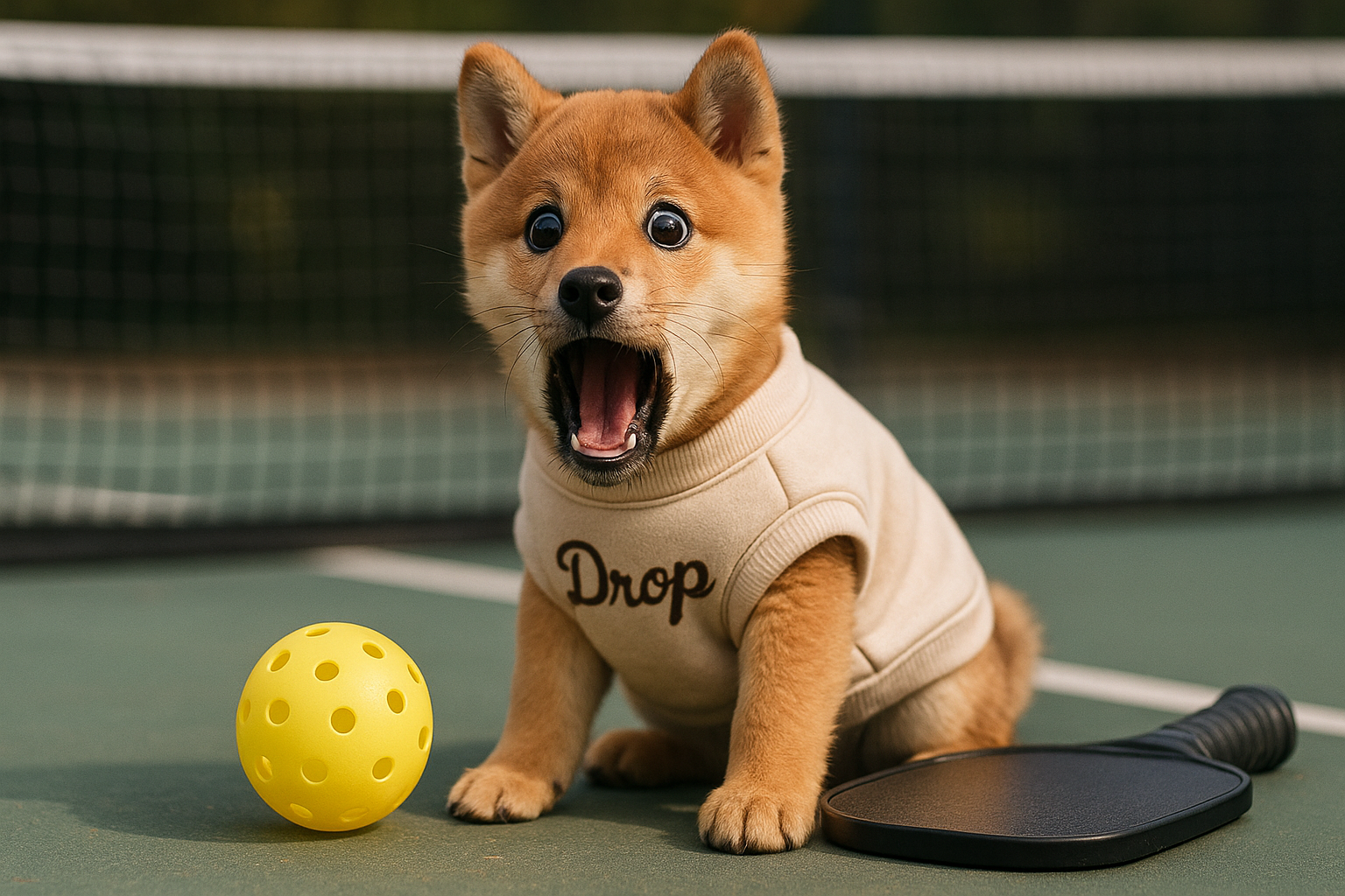 ピックルボールボールでミスをしてびっくりしてる愛くるしい柴犬の子犬