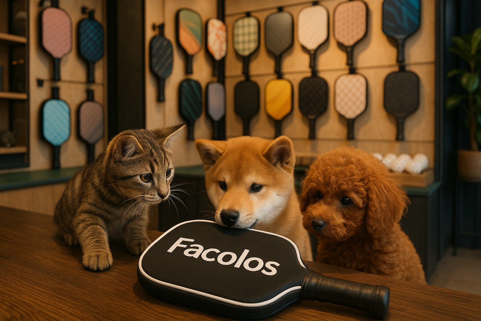 Facolosのピックルボールパドルに興味がある犬と猫