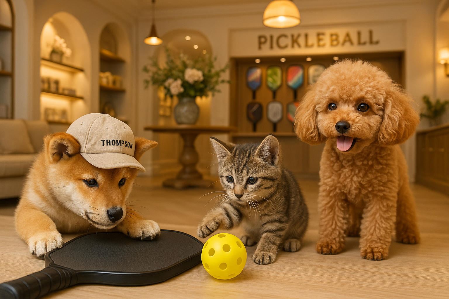 Thompsonとピックルボールパドルと犬猫