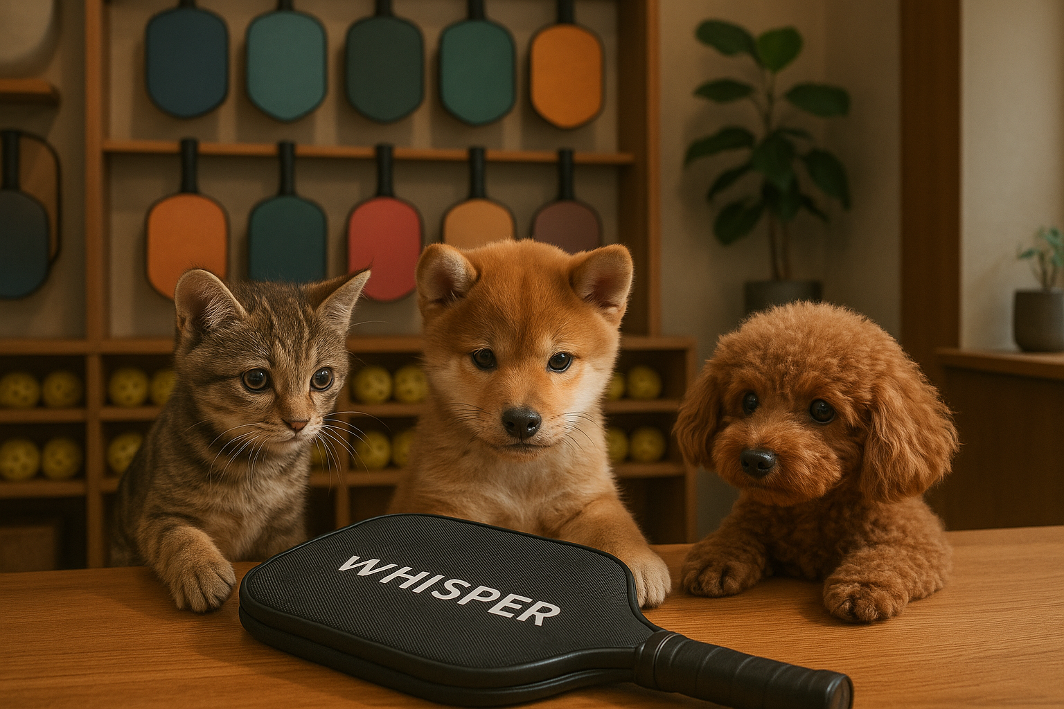 Whisperのピックルボールパドルに興味がある犬と猫