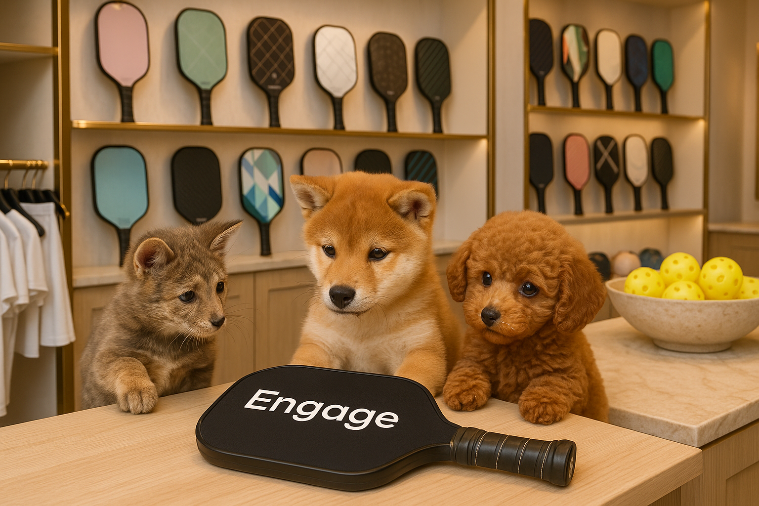Engage Pickleballのピックルボールパドルに興味がある犬と猫