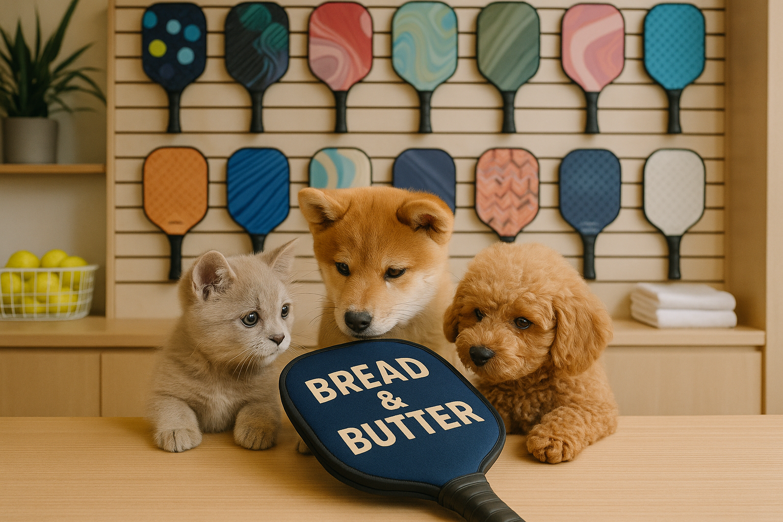 Bread & Butterのピックルボールパドルに興味がある犬と猫