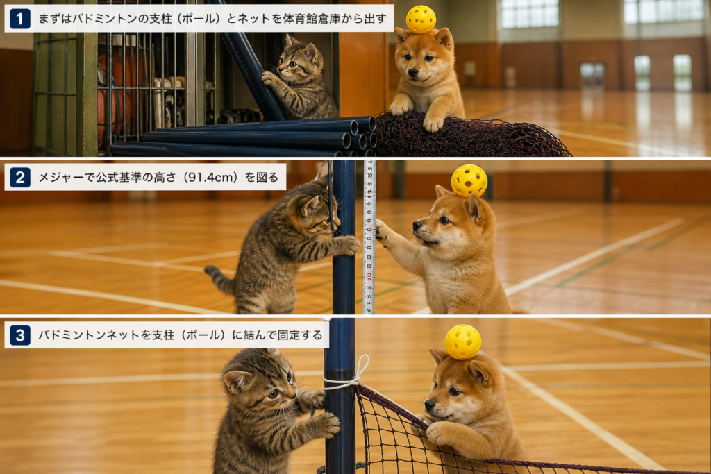 バドミントン用具でピックルボールネットを代用する手順