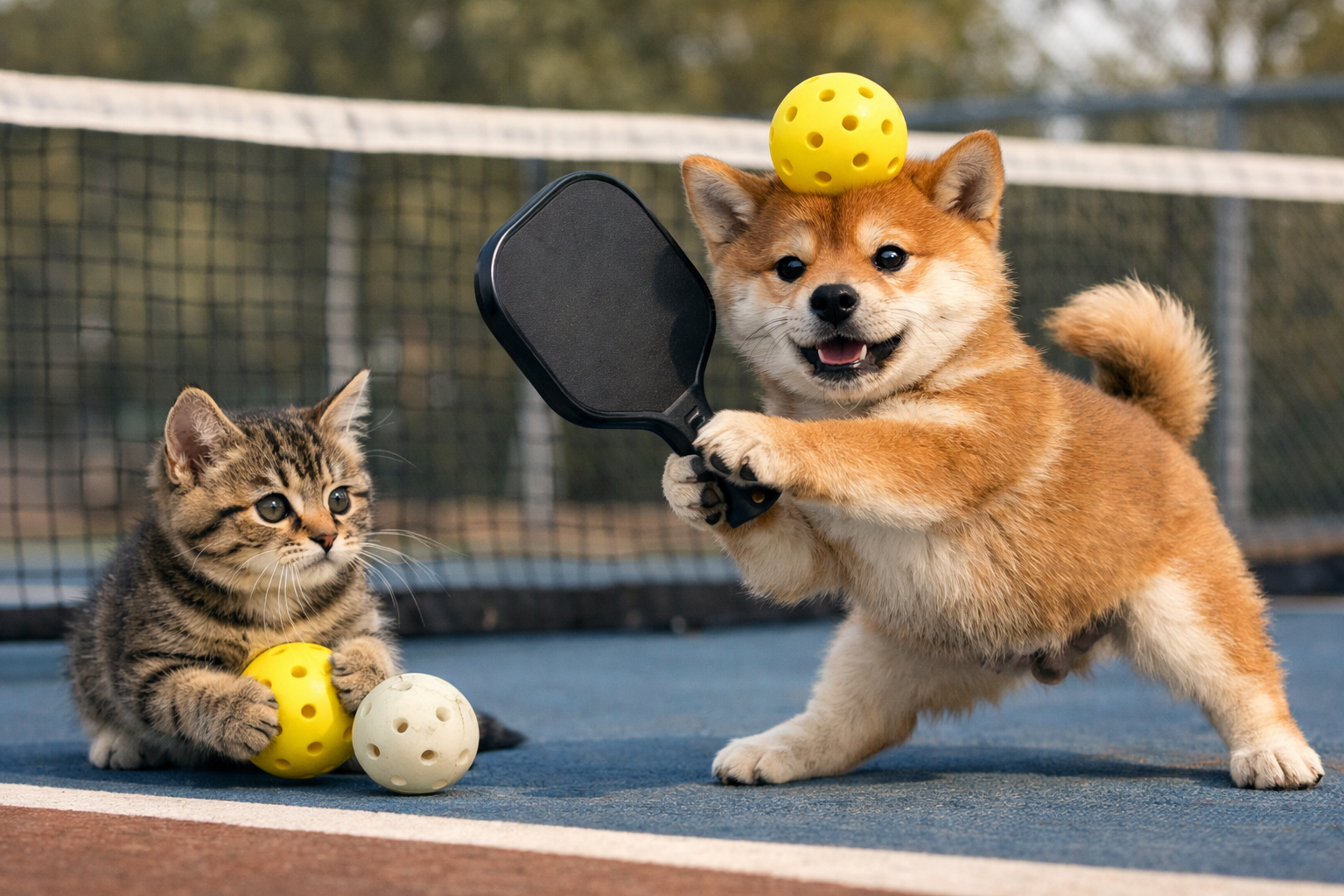 ピックルボールの「フリックショット」を練習してる柴犬の子犬