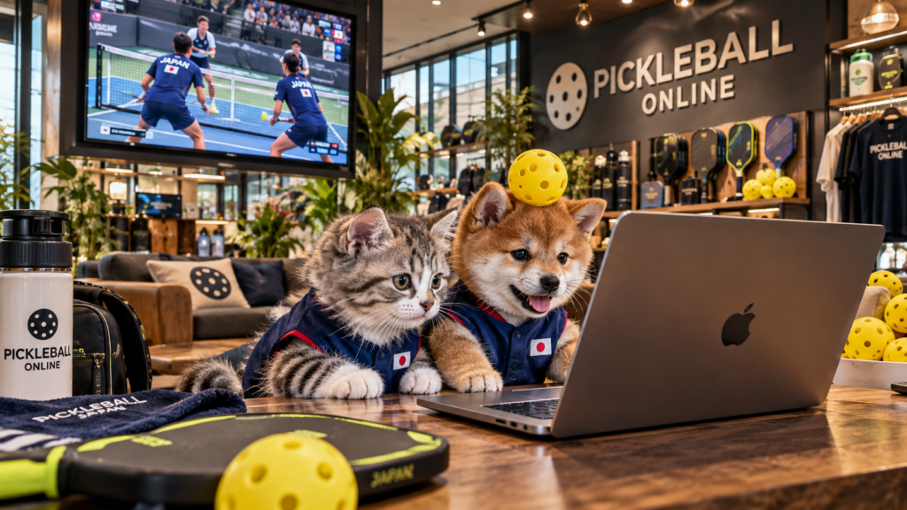 日本のプロピックルボールチーム「THE DOTS TOKYO」を応援する柴犬と子猫